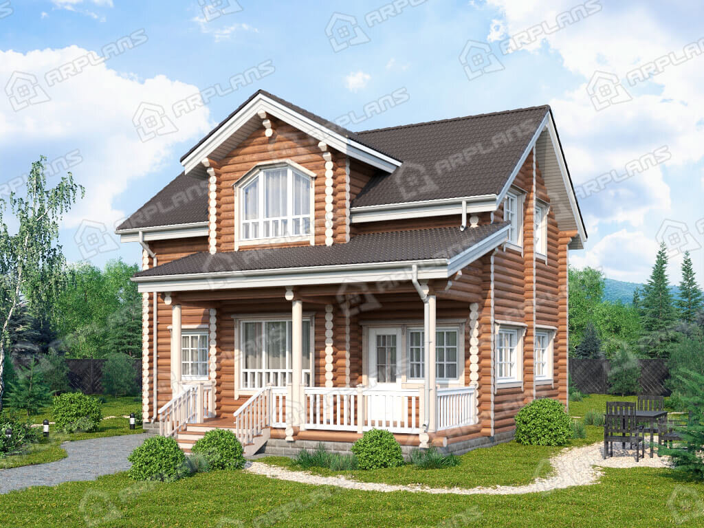 Фото 2 деревянного дома из бревна с мансардой, 3 спальнями, бойлерной и террасой, 100 кв м. Источник arplans.ru Проект ДО-157 