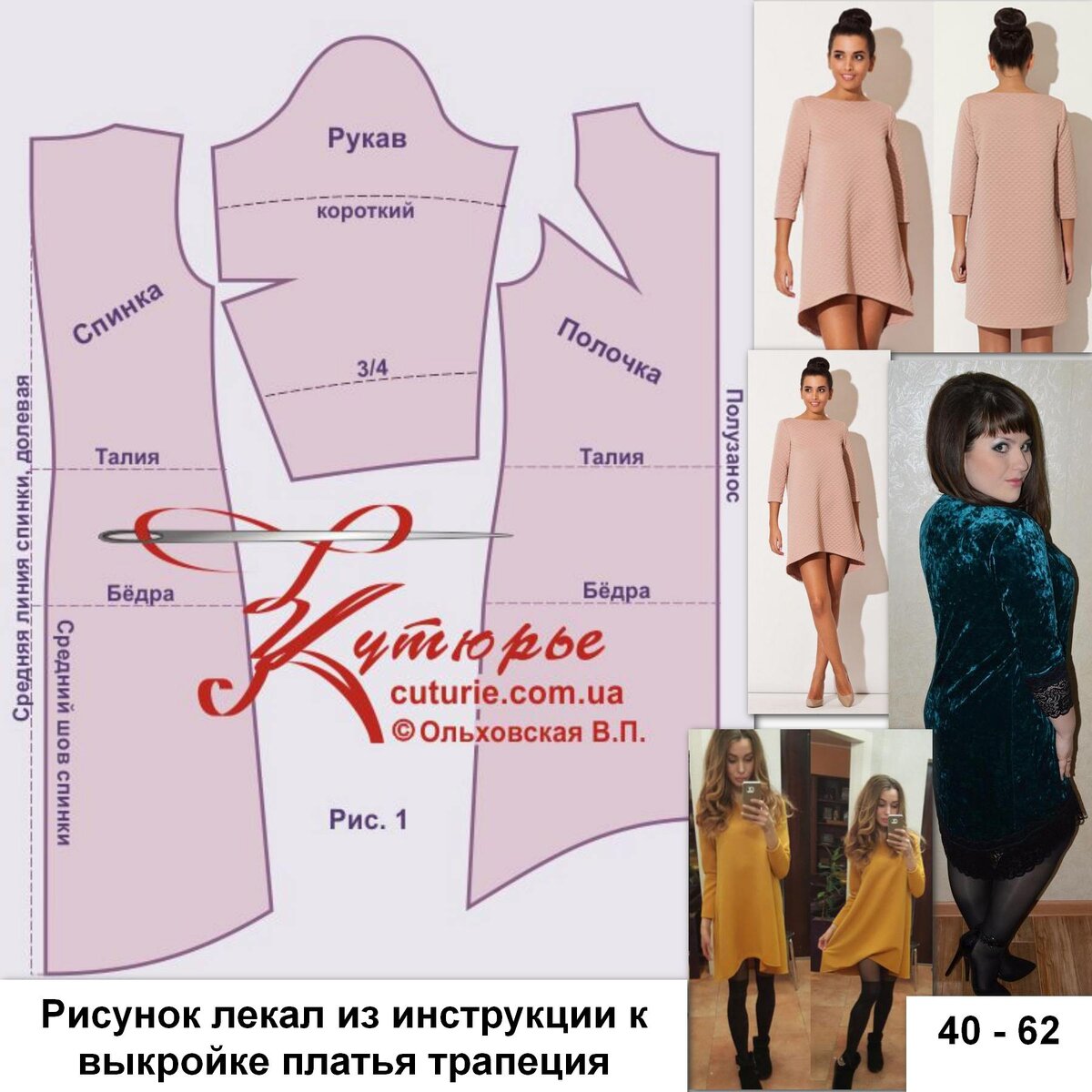 Лекала распечатываются в натуральную величину на размеры платья от 40 до 62