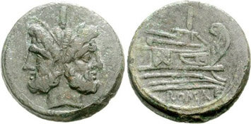 Наиболее распространенная республиканская бронза отчеканенная после 211 года до н.э., с головой Януса и носом военной галеры, над которыми стоит буква «I», обозначающая ее номинал.