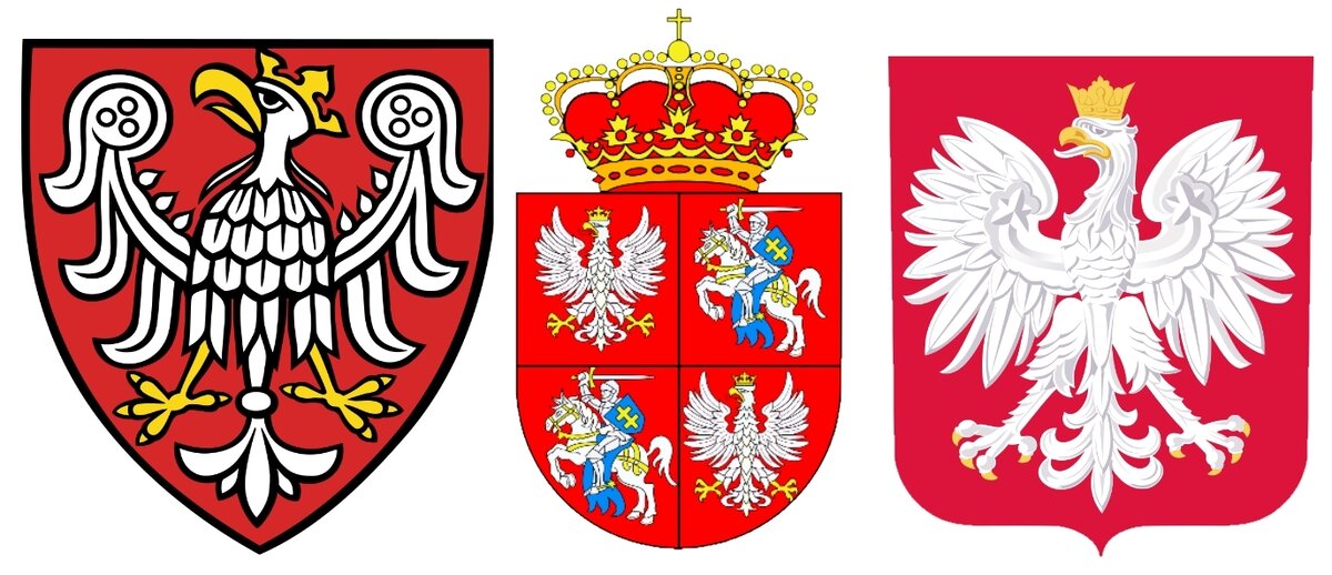 Белый орел на гербах Польского государства в разные периоды истории