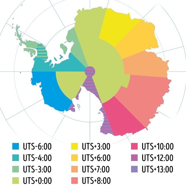 Карта часовых поясов Антарктиды