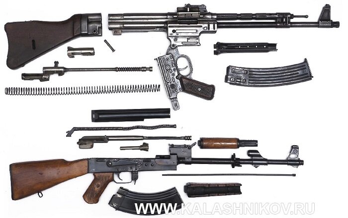 Разобранные автоматы STG 44 и АК образца 1947 года (это не самая первая модель, но именно в таком виде данный автомат принят на вооружение). Фото Оружейного журнала "Калашников"