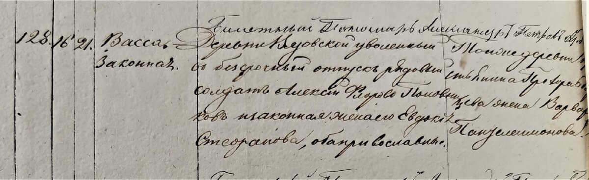 Деревня Вязовская, уволенный в бессрочный отпуск рядовой солдат Алексей Флоров Половников и законная жена его Евдокия Стефанова, оба православные. Их дочь Васса, родилась 16 августа (крещена 21 августа)  1860 года. Чудиновское село, Вятская губерния.