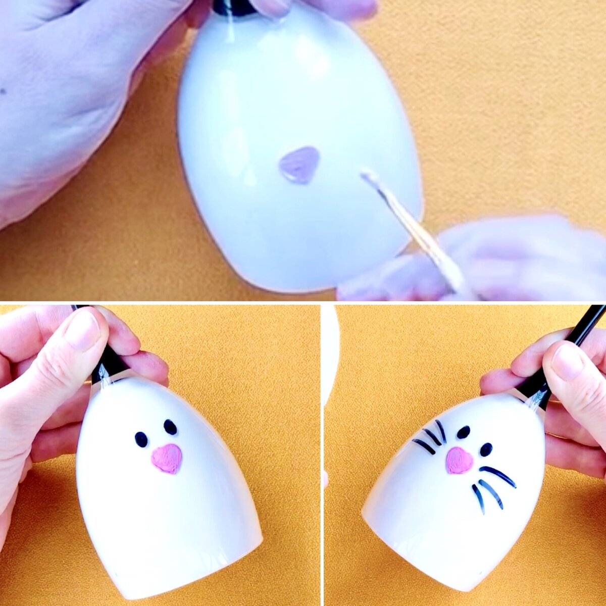 Розовой акриловой краской (у меня не было, я смешала белую с красной) рисуем кролику носик. Маркером рисуем глазки, рот и усики