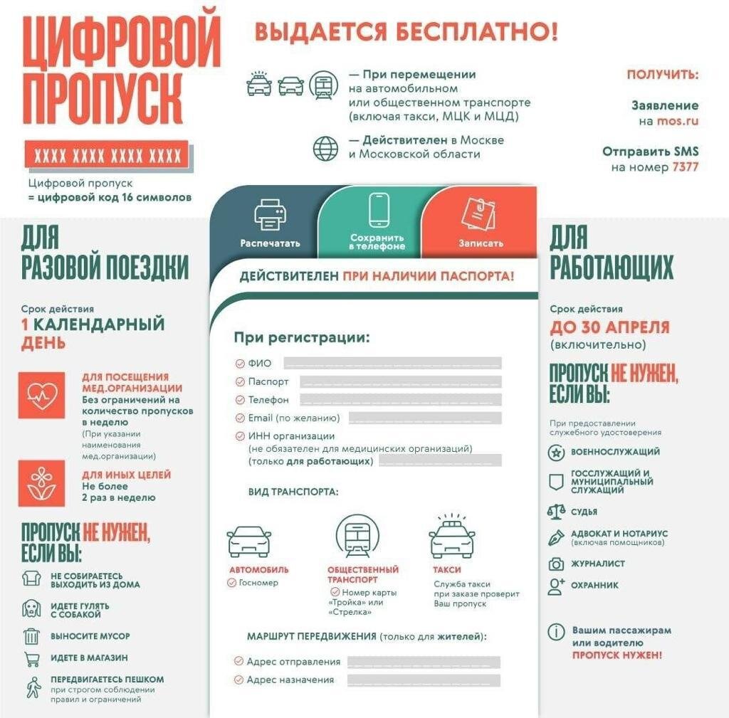 С 15 апреля 2020 года гражданом для поездок по Москве и Московской области на личном, служебном или общественном транспорте необходимо иметь при себе цифровой пропуск.
* Возможность передвижения по городу Москве с использованием личного, служебного или общественного транспорта может подтверждаться:
* Цифровым пропуском;