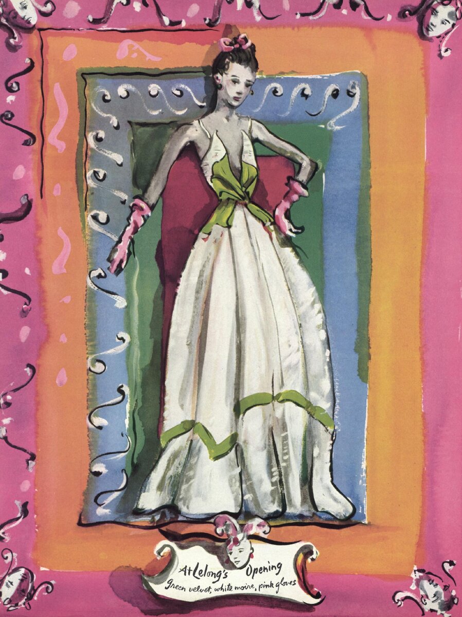 Иллюстрация из журнала Vogue за октябрь 1938 года. Эта и похожая картинка демонстрировали самые запоминающиеся наряды Дома Лелонг (как раз эта) и Дома Пату в заметке "Высокий стиль парижских новинок".