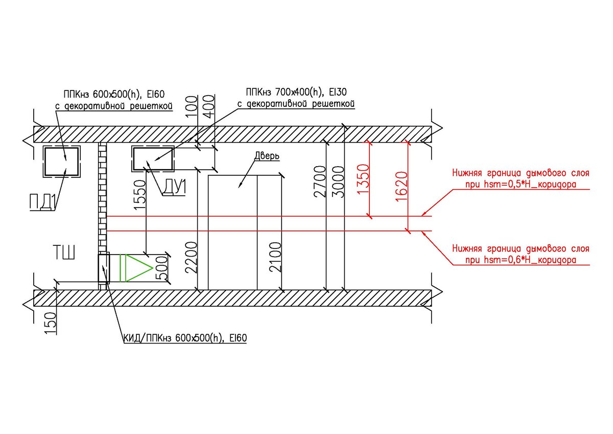 Рис. 2 Пример размещения дымоприемных устройств и устройств подачи наружного воздуха - для схемы на Рис. 1