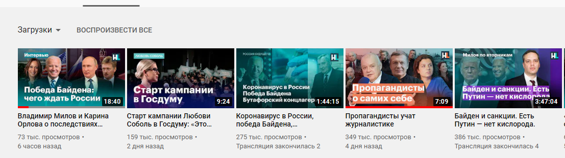 Последние 5 роликов с канала Навальный LIVE: если исключать тот ролик про который я пишу и депутатские амбиции Соболь, то 3 из 5 роликов о победе Байдена.  Кто бы говорил...
