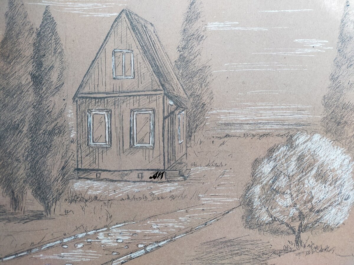 Это наш домик, позади море. Художник наша Аня