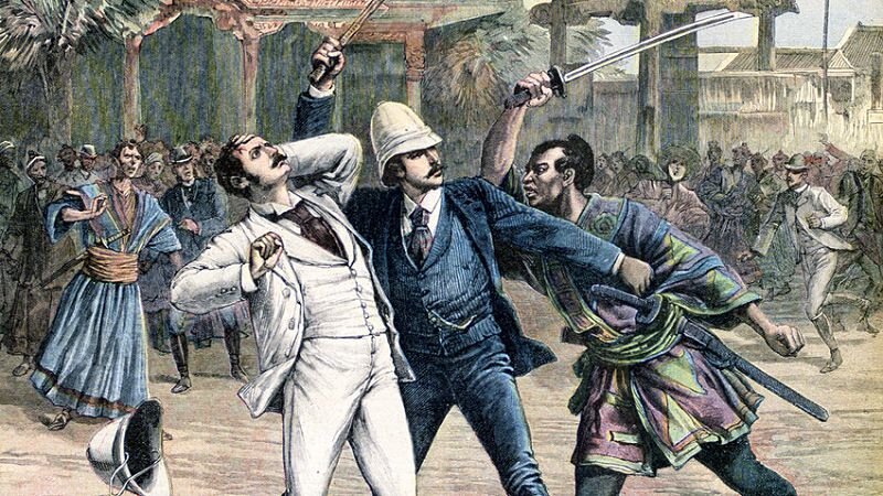 Офицер японской полиции в городе Оцу совершает покушение на жизнь цесаревича Николая Александровича. Из парижского журнала Le Petit Journal, 30 мая 1891 года