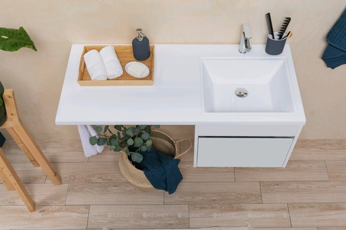  Подвесная тумба с раковиной Aquanet Токио в белом цвете с 1 ящиком 