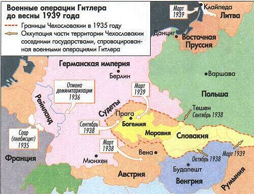 Карта с датами исторических событий перед Второй Мировой войной.