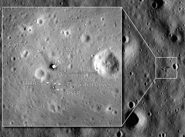 Снимок "Базы Спокойствия", места посадки Аполлона-11, снятого спутником NASA «Lunar Reconnaissance Orbiter» (LRO). © NASA/GSFC/Arizona State