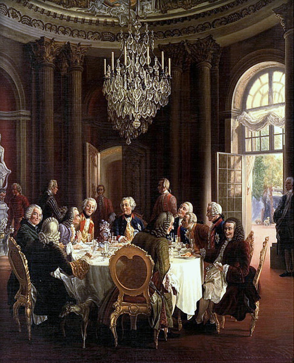 2. Die Tafelrunde by Adolph von Menzel: гости Фридриха Великого в Сан-Суси, в том числе члены Прусской академии наук и Вольтер (третий слева)