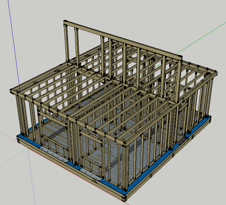 Центральная несущая стена и коньковый брус.