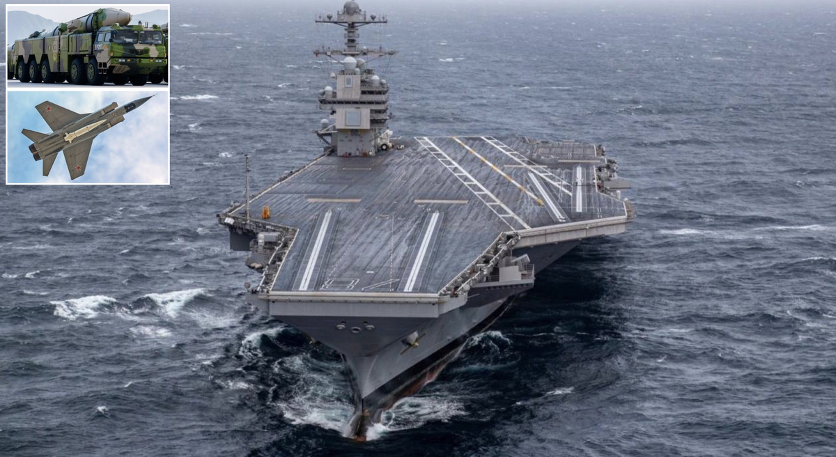 Авианосец Джеральд Форд,  китайский комплекс DF-21D и российская гиперзвуковая ракета Кинжал (фото с сайта Military Watch)