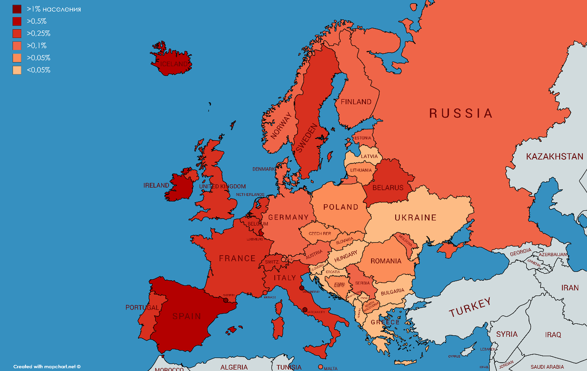 Количество случаев COVID-19 к численности населения стран Европы