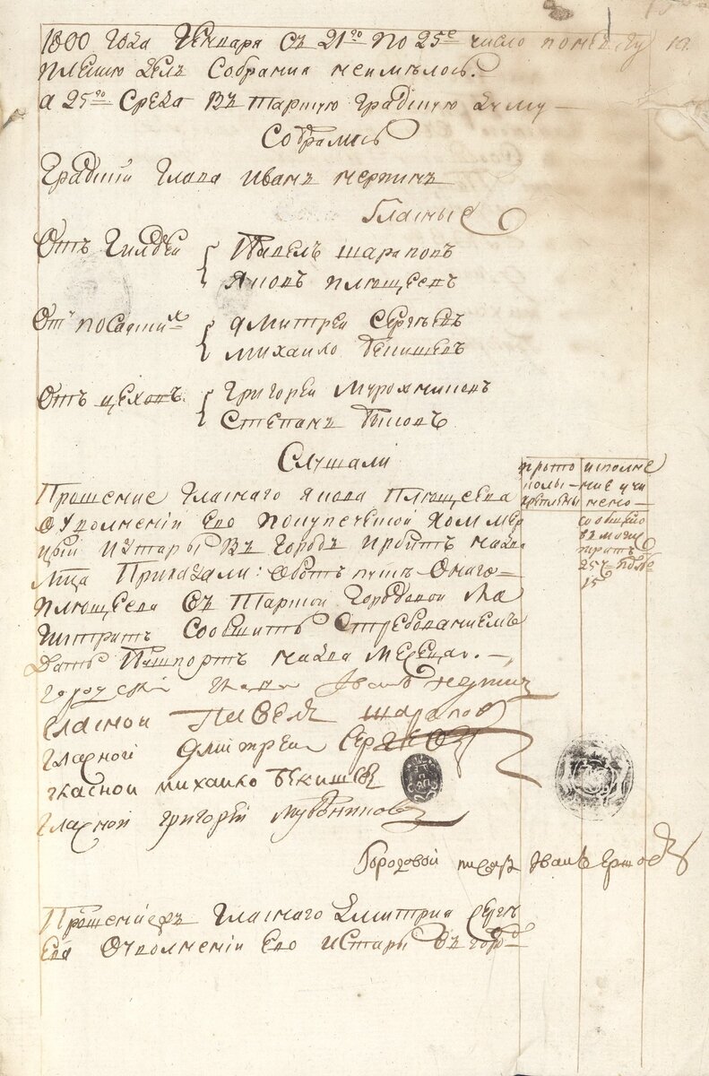 Протокол собрания Тарской городской думы в 1800 г. Глава думы - Иван Нерпин. Источник - Исторический архив Омской области.