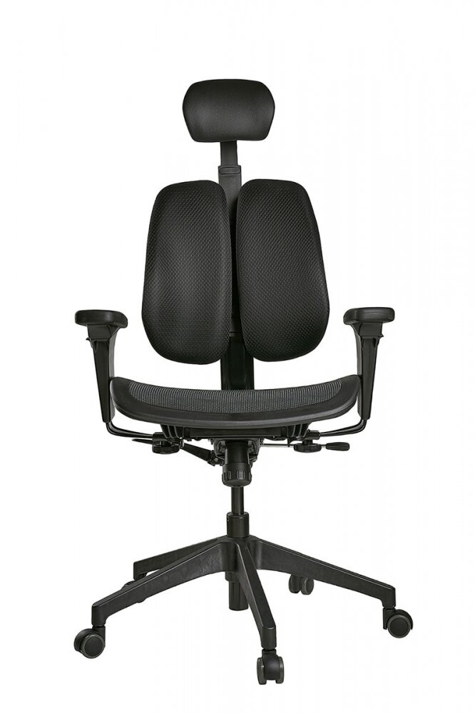 Характеристики: 
• 5-ти лучевая крестовина из армированного пластика со стекловолокном
• двойная спинка, регулируемая по высоте и ширине
• допустимая нагрузка до 130 кг
• подголовник с регулируемой высотой и углом наклона
• подлокотники с регулируемой высотой и шириной
• сиденье из “дышащей” сетки
• сиденье регулируемое по высоте
• спинка из формованного пенополиуретана с обивкой из ткани
• спинка с регулируемым синхромеханизмом наклона