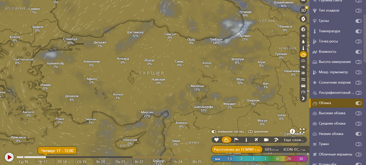 Облачность минимальна по всей Турции