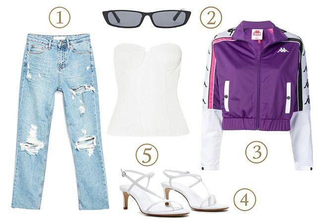 Джинсы Topshop, 2471 руб. 2. Очки Bershka, 1199 руб. 3. Куртка Kappa, 5827 руб. 4. Босоножки Mango, 3999 руб. 5. Топ Amiri, 68 406 руб. 