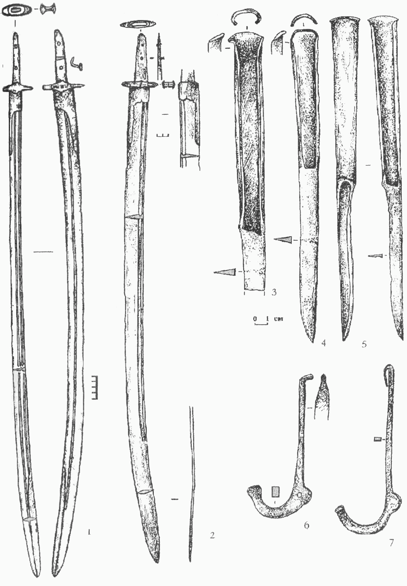 Рисунки сабель, найденных при раскопках Золотаревского городища. Городище принадлежало буртасам (этот народ с начала XII века был зависим от киевских князей) и было уничтожено во время монгольского нашествия.