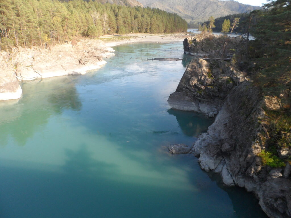 Окрестности с. Аскат. Бирюзовая красавица Катунь. Вид с моста вверх по течению реки. Видны остатки подвесного пешеходного моста, разрушенного паводком 2014 года.
Фото Татьяны Полтевой 