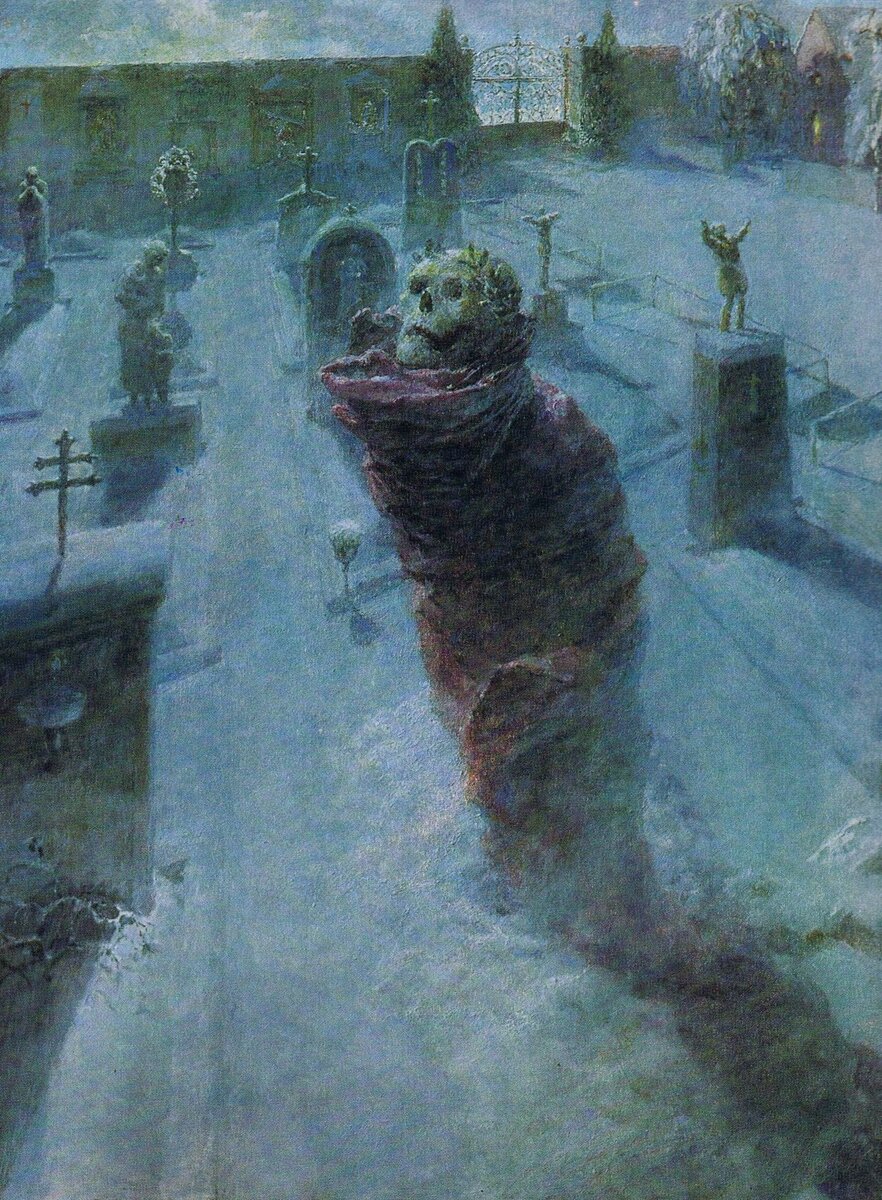 Ferdinand Staeger (Austrian, 1880-1976, b. Trebitsch, Moravia, d. Waldkraiburg, Germany) - Macabre Graveyard Scene of a Winter Night, 1930s
