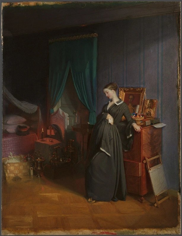 "Вдовушка"
1852 г.
Павел Андреевич Федотов
Государственная Третьяковская галерея.

«Будет просто, когда напишешь раз со сто» – единственный известный афоризм художника относится как раз к «Вдовушке».

Федотова угнетала сложность технических вопросов. Жесточайшая установка, которую он выработал для себя и которая потом, уже вне его ведома, легла в основу русского реалистического искусства, была такова: художник не должен «писать из головы», не должен ничего выдумывать, работать только с натуры. Сестра оставалась в Москве и позировать не могла. Как не соврать в изображении женского лица? Есть история о том, что, приехав к приятелю, Федотов долго играл с тремя его резвыми маленькими сыновьями и, вглядываясь в их лица, пояснял: «Вот где природа женщины сходится с природой детей: посмотри на эту нежную кожу, просвечивающие жилы». Уезжал домой умиротворённым, твердил: «Теперь для моей «Вдовушки» у меня есть лоб и виски. Недостаёт только любящих глаз».

Но умиротворение опять сменялось мучениями. Как, например, безошибочно написать два источника освещения – свет из окна и от свечи?! Однажды на пике напряжения во сне ему явился Брюллов, самый «техничный» русский художник 1-й половины XIX века. Сначала он не верил в Федотова, отговаривал уходить из военных в художники. Но потом признал, что ошибся, и когда Федотова травили, всегда был на его стороне. «Сегодня поговорил с Брюлловым», – доверительно сообщил Федотов приятелю. Тот онемел: шёл 1852-й год, Брюллов совсем недавно скончался. Федотов быстро осёкся, стал оправдываться: «Мы, художники, иногда доходим до того состояния, когда беседа с отжившими для нас более чем возможна».

Но главная тайна «Вдовушки», утянувшей Федотова в сумасшествие и могилу, в том, что это, по сути, автопортрет.

За спиной вдовы, рядом с образом Спасителя, в золоченой раме – портрет покойного мужа. Где искать для него натуру? Да в зеркале! На этом портрете бывший военный Павел Федотов в гусарском мундире изобразил себя. Не вполне удачная, хотя и не лишённая оригинальности, шутка – автопортрет в роли покойника. Ужасная примета. Напоминает о театральном суеверии не ложиться на сцене в гроб. Конец жизни художника (приступообразная шизофрения с острым чувственным бредом, усмиряющие обливания холодной водой, плеврит, одинокая смерть в доме скорби в 37 лет) поневоле заставляет видеть мистику в тот самом Федотове, которого нарекли родоначальником русского реализма.

