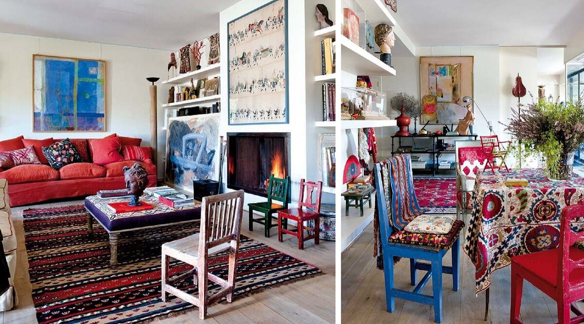 Впрочем, не каждому человеку будет уютно в таком интерьере. Здесь, казалось бы, все не гармонирует со всем: даже если есть пара стульев одинаковой формы, то они обязательно будут разного цвета. Глаза разбегаются от многообразия принтов: здесь геометический, там — цветочный, в другом месте — абстракция.