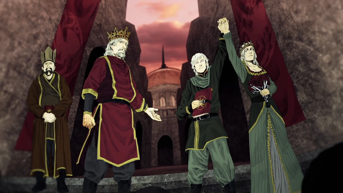 Септон Мармизон, король Эйнис и счастливые новобрачные. Где-то внизу народ безмолвствует в ожидании слова Верховного септона из Дома Хайтауэров (арт www.gameofthrones.fandom.com).