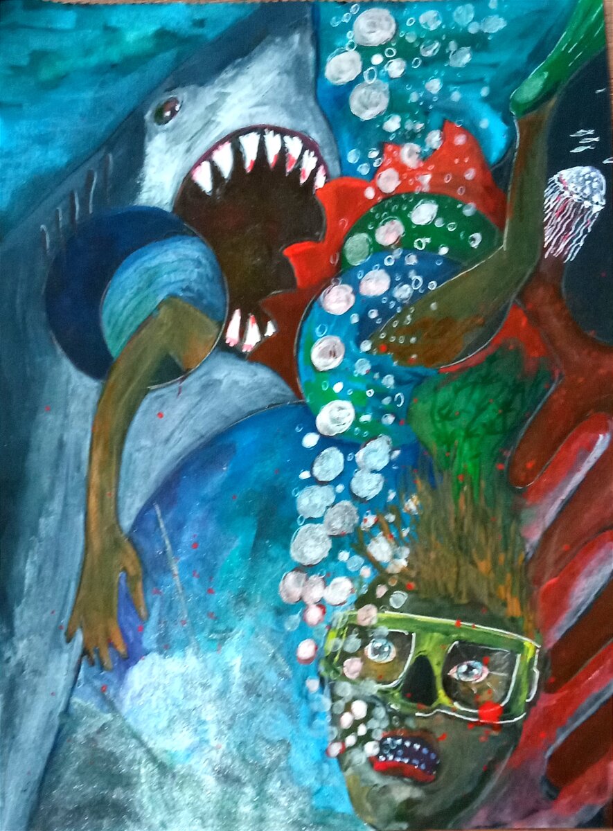 Акварель./ Излишня самоуверенность,как фактор печальной истории😦🥽💦🦈
