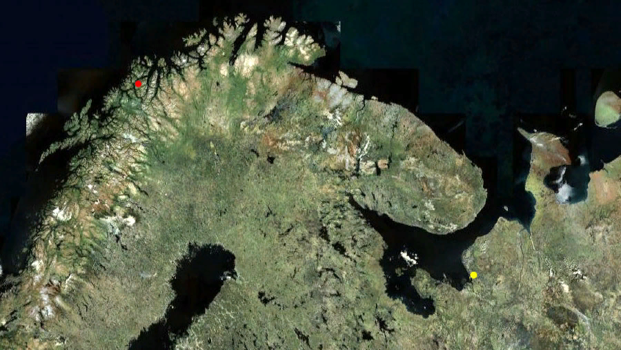 На карте красная точка - Тромсе. То есть до Мурмана оно, конечно, от Архангельска поближе идти, но не принципиально. А если идти из Колы (ориентир — современный Мурманск), то там и вовсе маршрут небольшой