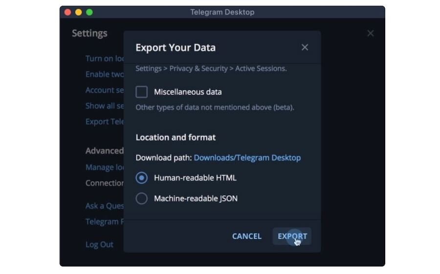 Экспорт данных в телеграмме