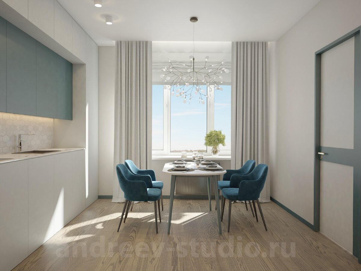 Под влиянием бирюзового и голубого сочетания цветов, стены кажутся жемчужно-сероватыми.