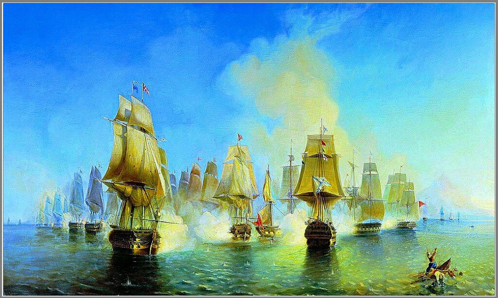 На картине А.П.Боголюбова изображено главное сражение войны 1806-1812 годов: «Афонское сражение» 1807 года.  Адмирал Д.Н.Сенявин  разбил турецкий флот в Эгейском море возле горы Афон.