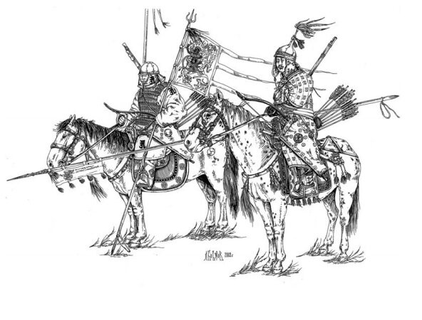 Ойратский знаменосец ("тугч") и зайсанг 17 века. Автор изображения известный историк, д.и.н. Леонид Бобров. Судя по изображению на знамени ("туг") перед нами реконструкция зайсанга и знаменосца из улуса Солом-Церена.