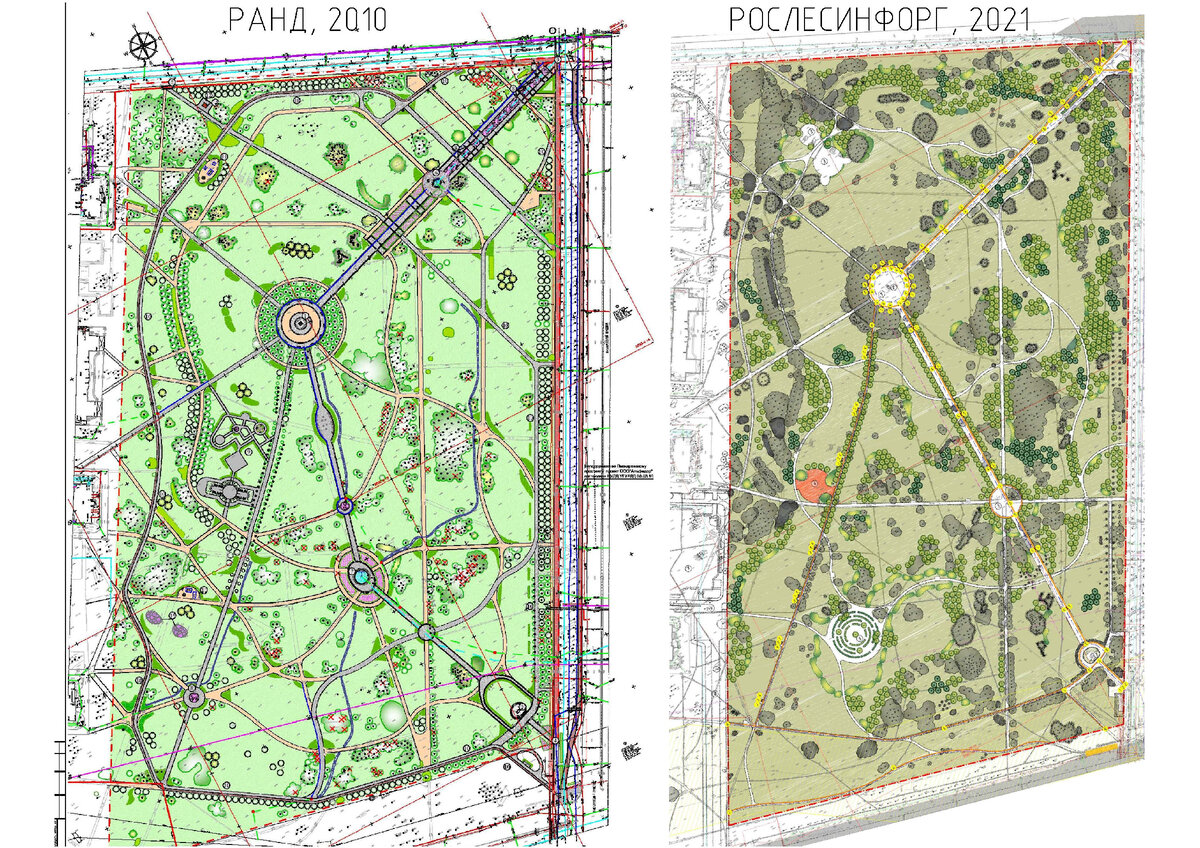 Слева - генплан предпроектных проработок, согласованный СПб ГКУ "ДТС" в 2010, справа- генплан проекта, согласованный Комитетом по благоустройству Санкт-Петербурга в 2021.