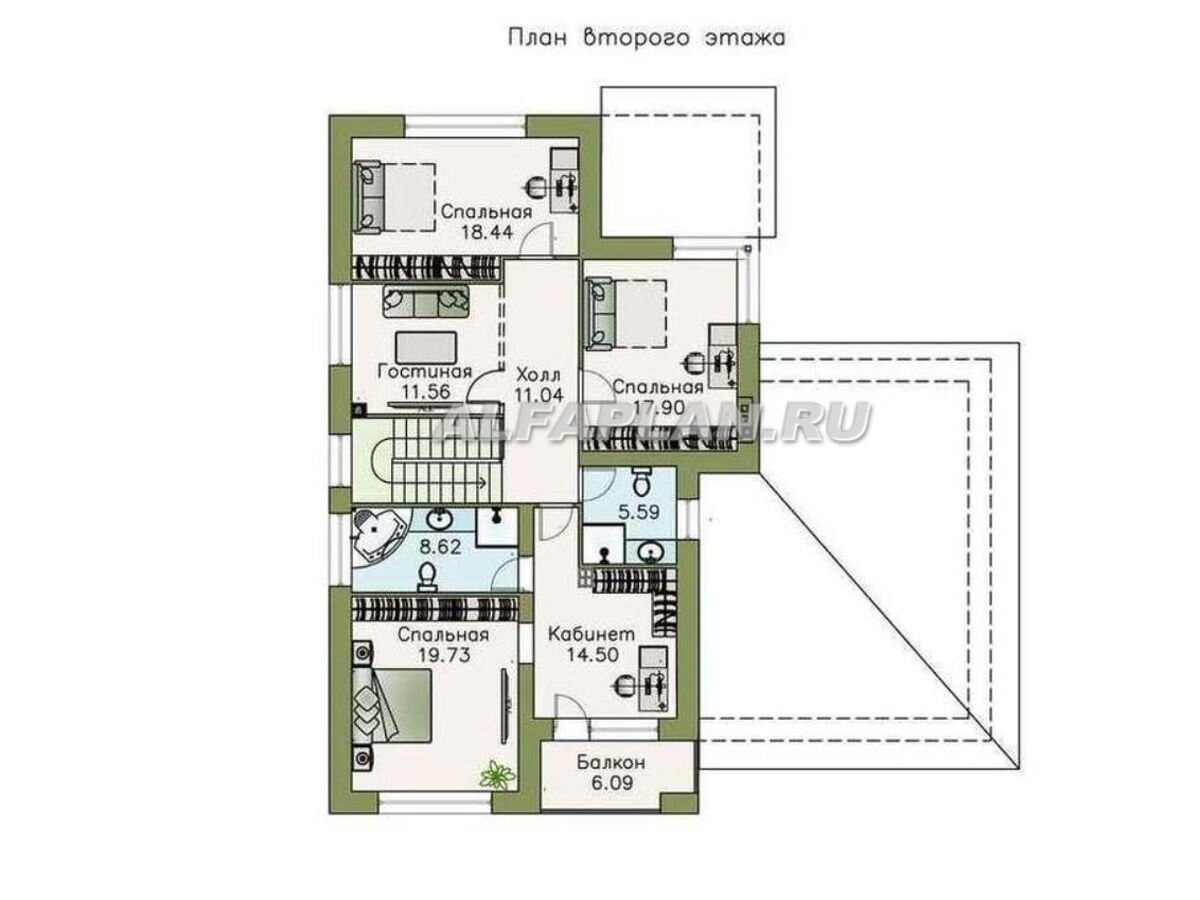 Планировка дома по проекту "Выбор русалки" 561в. 
2 этаж – приватные комнаты отдыха.
· Большая спальня совмещена с рабочим кабинетом (который имеет выход на балкон) и комфортной ванной с джакузи
· Остальные спальни - для детей или других родственников, имеют достаточную площадь для размещения спального места и рабочего стола.
· небольшая уютная гостиная с большим телевизором.
· Отдельный санузел с душевой кабиной.