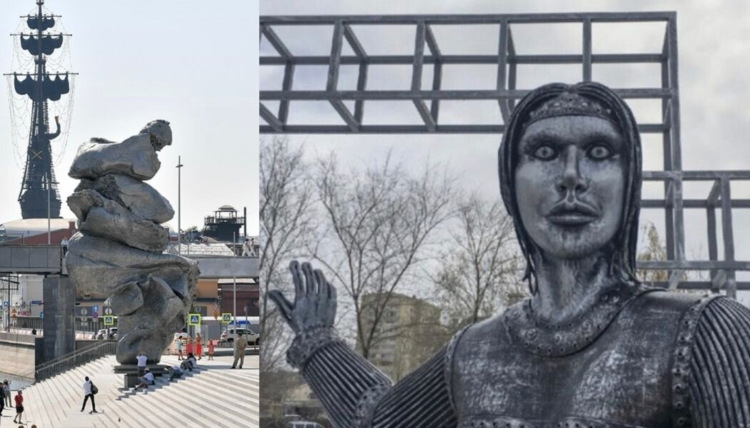 Скандальная 12 метровая скульптура на фоне 98 метрового монумента Петра 1. Ну а Аленка уже не та, на шоколадку такую не поместишь. Фото из интернета, коллаж автора 
