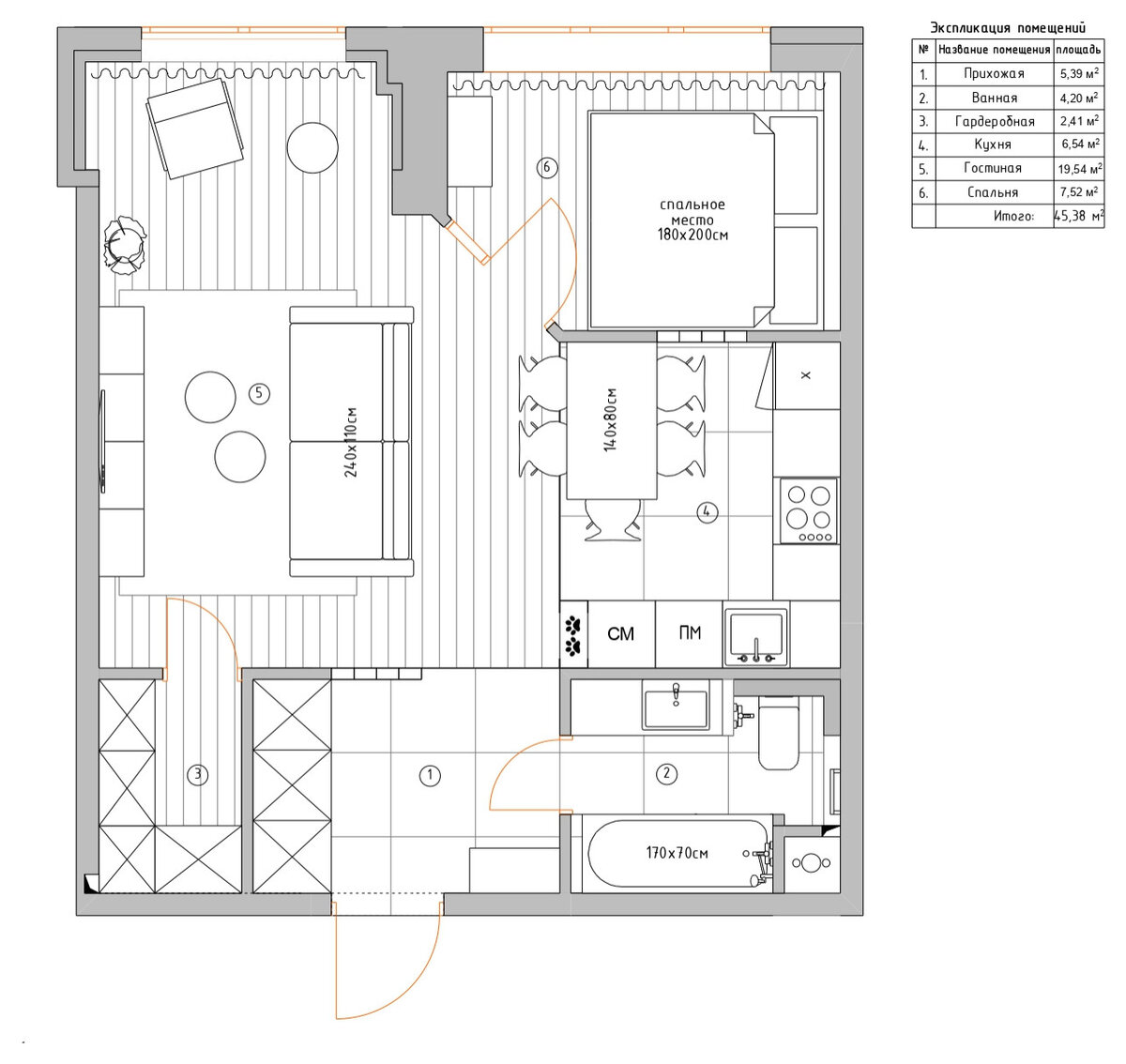 Изначально застройщик предусмотрел изолированную кухню у окна. В результате перепланировки её место заняла небольшая спальня. Перенос удалось согласовать благодаря отсутствию жилых помещений снизу. Чтобы увеличить полезную площадь, присоединили лоджию. Также использовать дополнительное пространство для кухни-гостиной позволил скошенный угол спальни.
