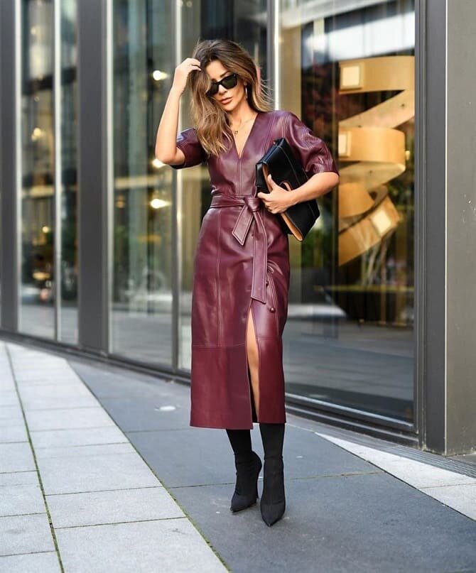 Кожаные платья - тенденции к блеску и комбинированию