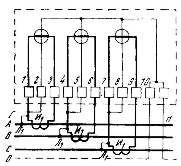 Схема подключения трехфазного счетчика с трансформаторами тока через испытательную колодку