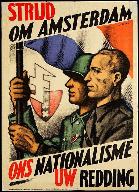 Плакат предлагает сражаться за Амстердам. Надпись внизу - "наш национализм -ваше спасение".