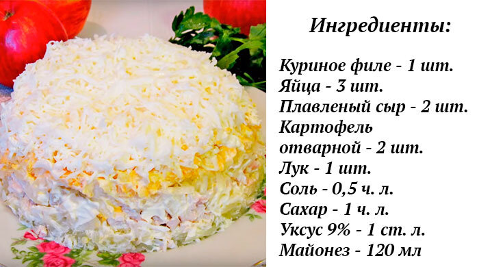 Салат Невеста с копченой курицей, яйцами, сыром и картошкой