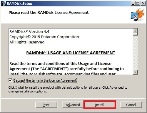 Запуск установки Dataram RAMDisk