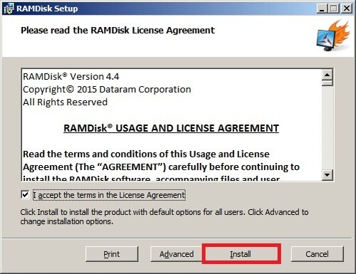 Запуск установки Dataram RAMDisk
