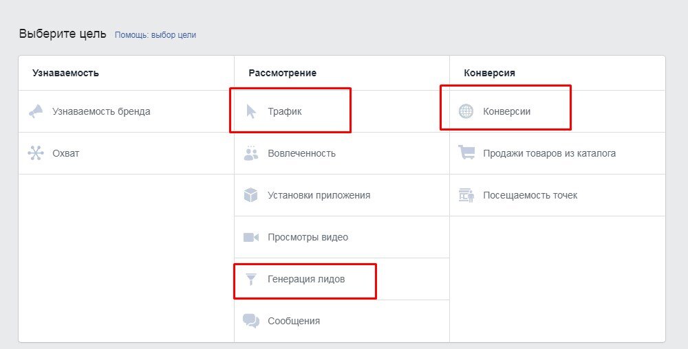цели в рекламном кабинете Фейсбук. Выделены самые "работающие" в Инстаграм для малого и среднего бизнеса