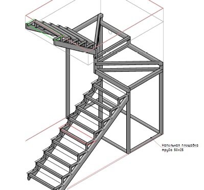 Проект лестницы на металлокаркасе с забежными ступенями