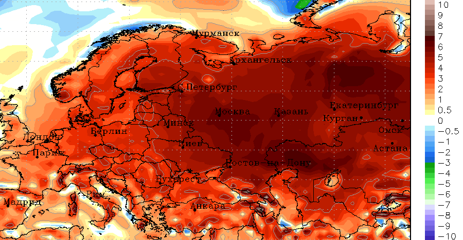 Ожидаемая аномалия температуры в феврале 2020 по данным CFS (°C)
